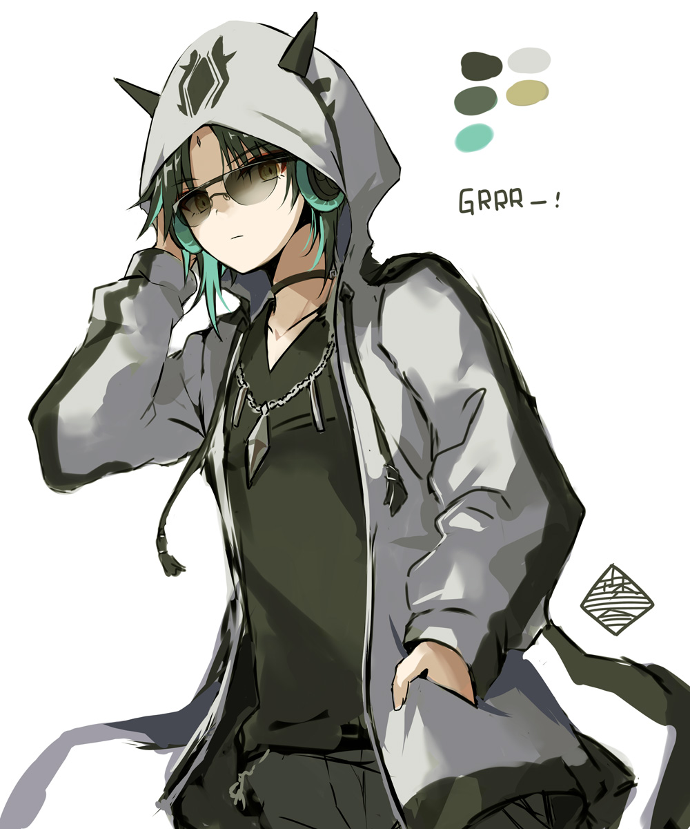 xiao (genshin impact) 1boy male focus hood sunglasses solo hood up green hair  illustration images