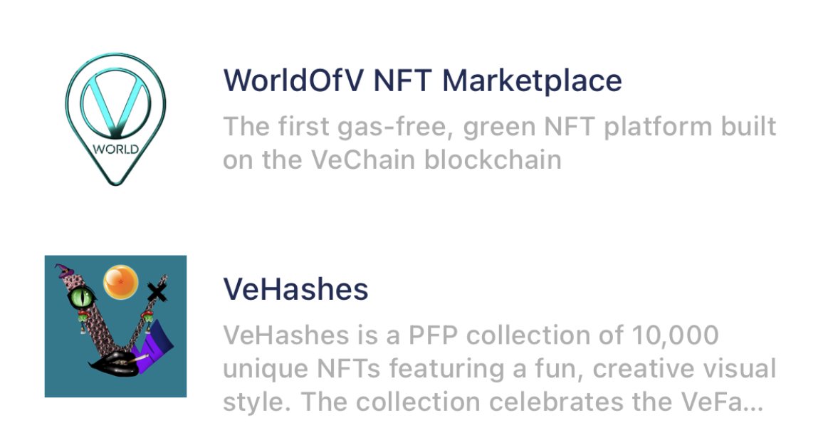Hey #VeFam!

The VeHashes official dApp is live! 

From today you can easily access the VeHashes marketplace on the go directly from your VeChainThor mobile wallet.

Go snag your favorite VeHash now! 👾

#WorldofV #WoV #VeHashes #VNFT #GreenNFT