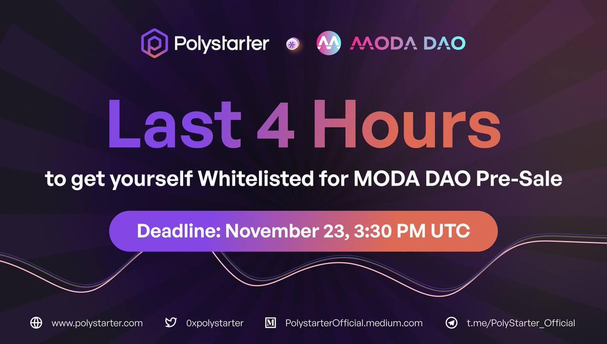 Less than 4 hours left for the @MODA_DAO pre-sale Whitelisting on Polystarter to end! Whitelist Deadline: November 23, 3:30 PM UTC 📌Participation Guidelines: bit.ly/3FmD6ec 🌐 Visit: app.polystarter.com