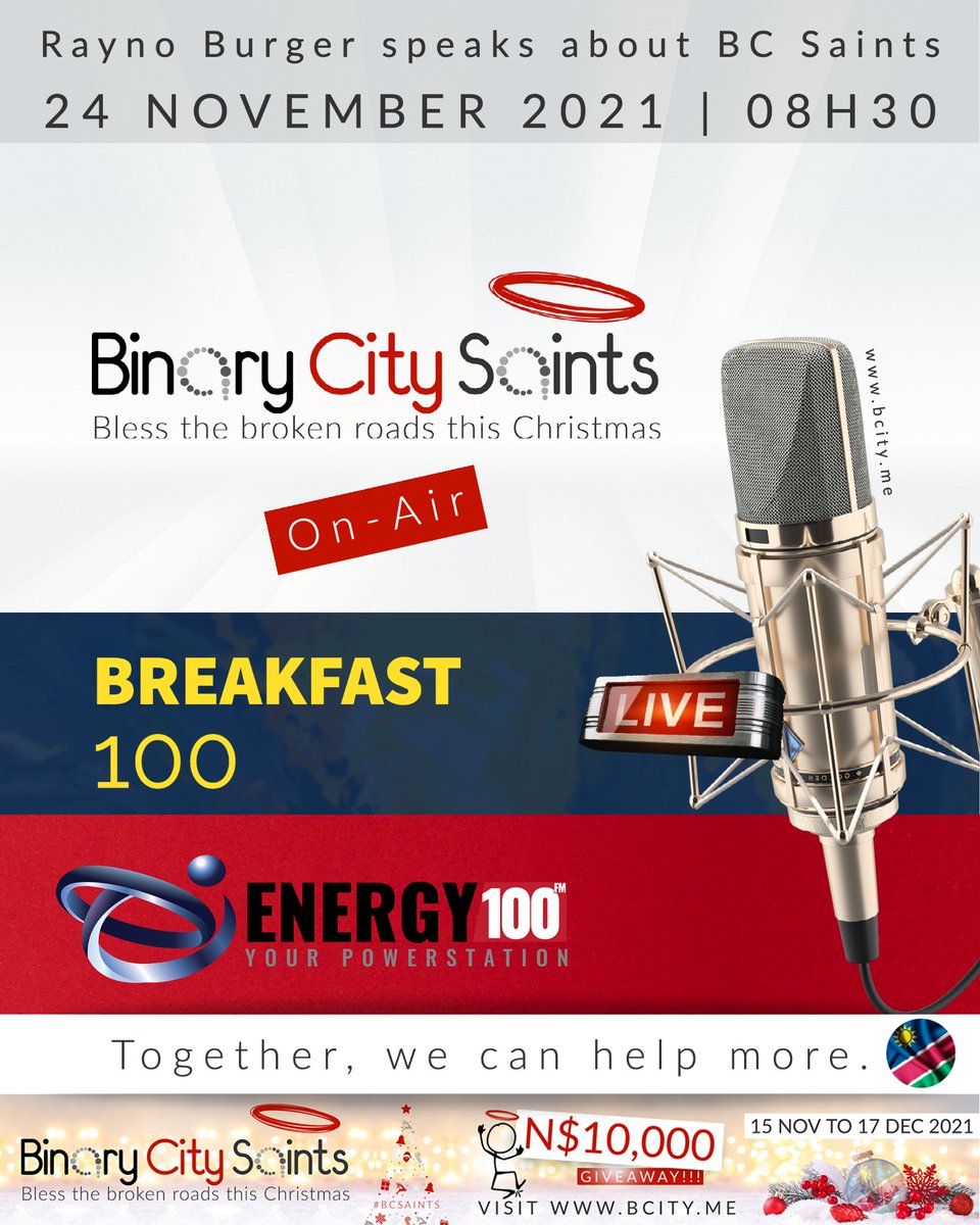 binary_city's tweet photo. AMAZING NEWS : @Energy100FMNam is a Binary City Saint and Rayno Burger goes on air - 24 November 2021 at 8h30!
Energy 100 FM is sponsoring ads for Binary City Saints - Bless the Broken Roads this Christmas. Read more : https://t.co/CQ9ez0Ebhp
#bcsaints #Breakfast100 #energy100 https://t.co/nbk05m8wm0