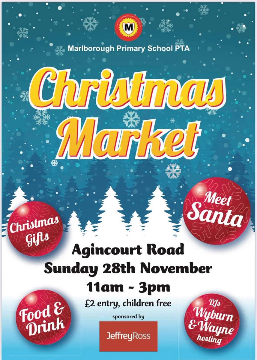 What are you doing this weekend? Kickstart your Christmas shopping and support <a href="/marlboroughpri/">Marlborough Primary</a> at our Christmas Market this coming Sunday! Kindly sponsored by <a href="/Jeffrey_Ross_/">JeffreyRoss Estate Agents</a>