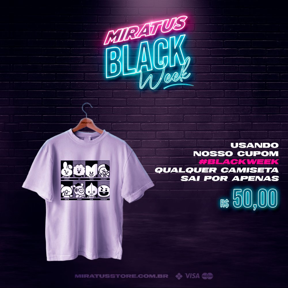 MIRATUSSTORE's tweet photo. Tá rolando #BlackWeek aqui na MIRATUS e essa é a hora de aproveitar pra comprar aquelas peças que você estava namorando há um tempo.
Todas as camisetas com PREÇO ÚNICO de R$50 utilizando o cupom BLACKWEEK.
https://t.co/BpoAz4Id9K https://t.co/6rniYIBT8w