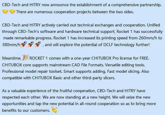 chitubox's tweet photo. 🥳 CBD-Tech and @hitry3dprint now announce the establishment of a comprehensive partnership.🤝🤝
Meantime, 🤩 ROCKET 1 comes with a one-year #CHITUBOX Pro license for FREE. 👏👏
Learn more 👇👇👇
#chituboxpro #chituspeed #3Dprinting
#3dprinter #3dprinted #rocket1 #DCLF #HITRY https://t.co/JShUgtHEBf