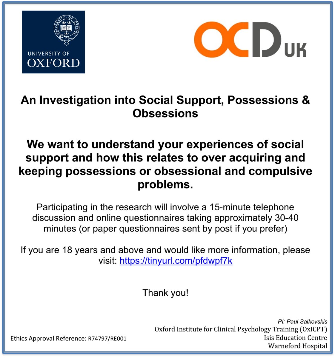 Victoria Edwards (@victoria_ed8) on Twitter photo Can you help us with #PsychologicalResearch <a href="/UniofOxford/">University of Oxford</a>? We are looking for UK volunteers for an online study for those who experience a) difficulties with #OCD b) difficulties with #hoarding c) no difficulties with the above. Learn more here: tinyurl.com/pfdwpf7k Can you help us with #PsychologicalResearch <a href="/UniofOxford/">University of Oxford</a>? We are looking for UK volunteers for an online study for those who experience a) difficulties with #OCD b) difficulties with #hoarding c) no difficulties with the above. Learn more here: tinyurl.com/pfdwpf7k