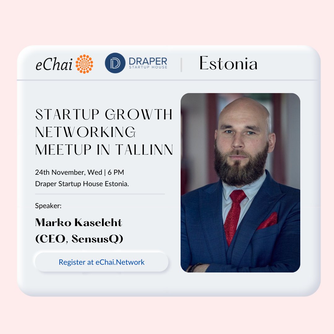 eChaiVentures's tweet photo. Startup Growth Networking Meetup in Tallinn is happening tomorrow (24th November, Wednesday) at Draper Startup House Estonia.
๐๏ธ@KaselehtMarko, Co-Founder & CEO, @SensusQ
More at https://t.co/0GhhPxGJMi
#eChaiNetwork #Estonia #Startups #DraperStartupHouse https://t.co/bWMtqpkpMh