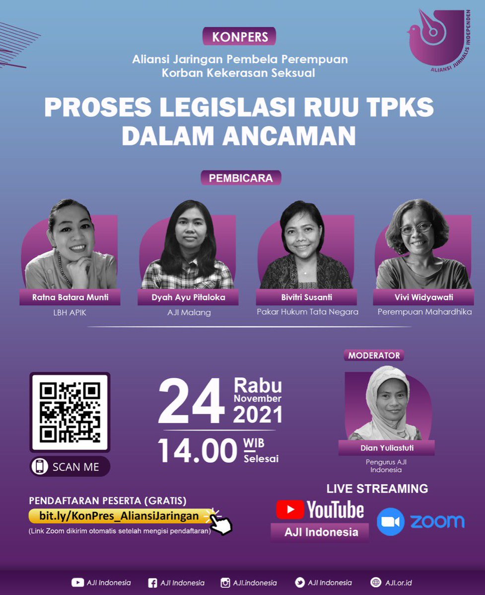 Rabu, 24 November pukul 14:00 akan dilakukan konferensi pers terkait proses legislasi RUU TPKS (sebelumnya RUU PKS) yang sedang dalam ancaman. 
Mohon kehadiran rekan-rekan media.