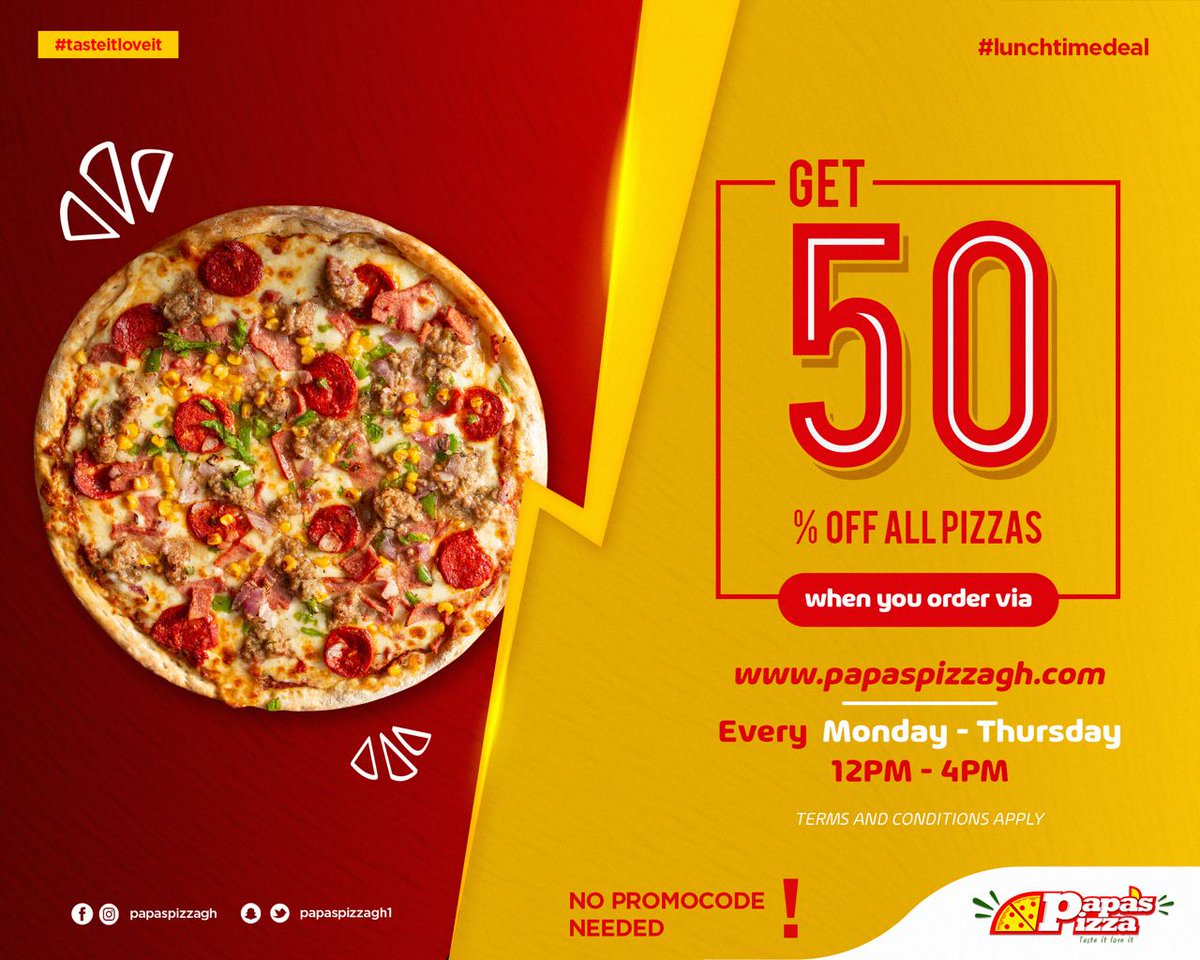 papaspizzagh1's tweet photo. You chop?🤔
Lunchtime deal is available from 12pm till 4pm
Half off any pizza you order via our website https://t.co/fe3PTsV8KC
@Tag a friend. Retweet. #wemove ✌️
#papaspizzagh #tasteitloveit #lunchtimedeal #wemove https://t.co/r00FtspOVF
