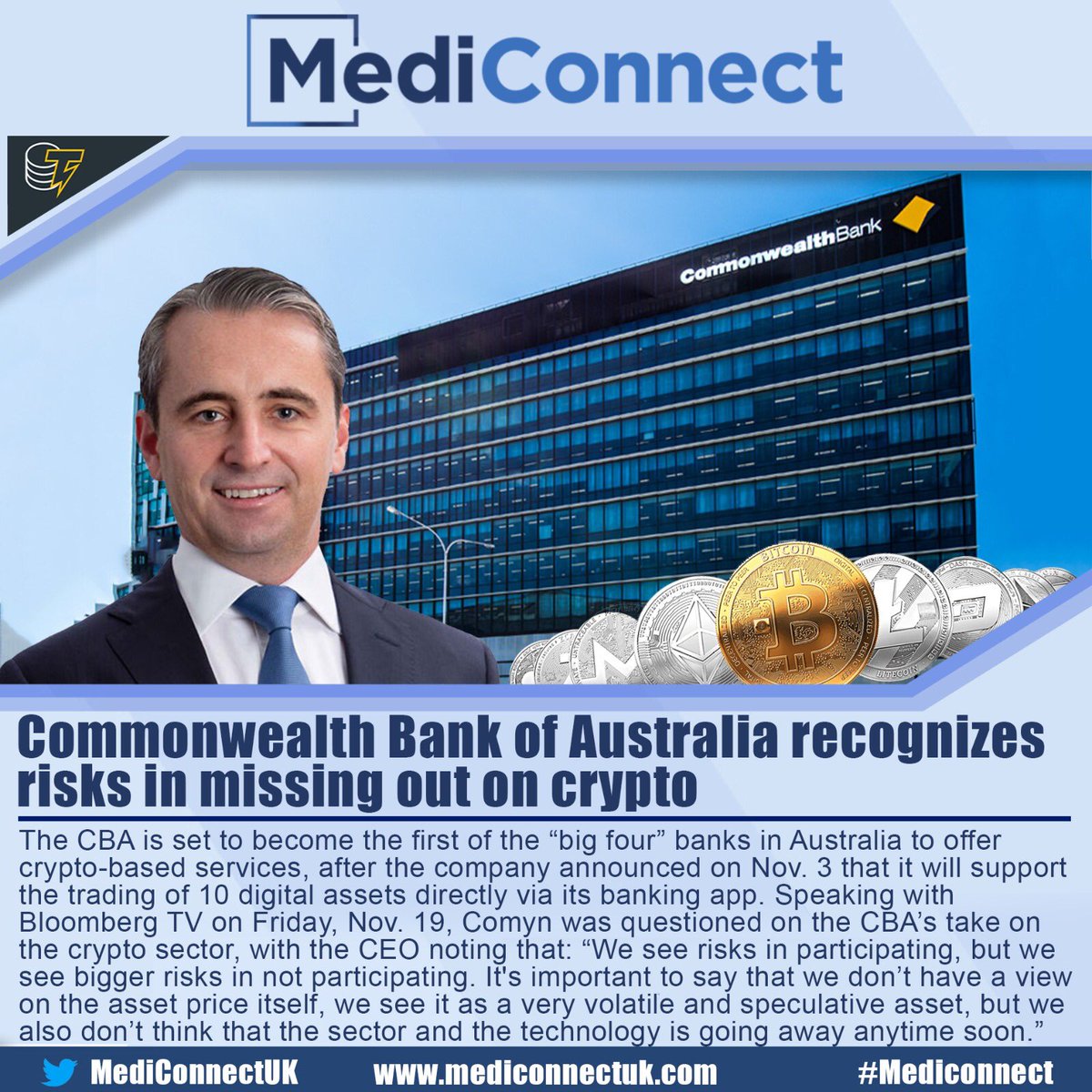 MediToken's tweet photo. Australian common wealth bank would rather Join a crypto positive future than be left behind 

#mediconnect #crypto #investment #bitcoin #etherum #binance #coinbase #cryptocom #cardano #ada #london #dubai #cryptocurrency #eth #etherumnetwork #investing #blockchain #stockmarket https://t.co/XqhdNZ5t5s