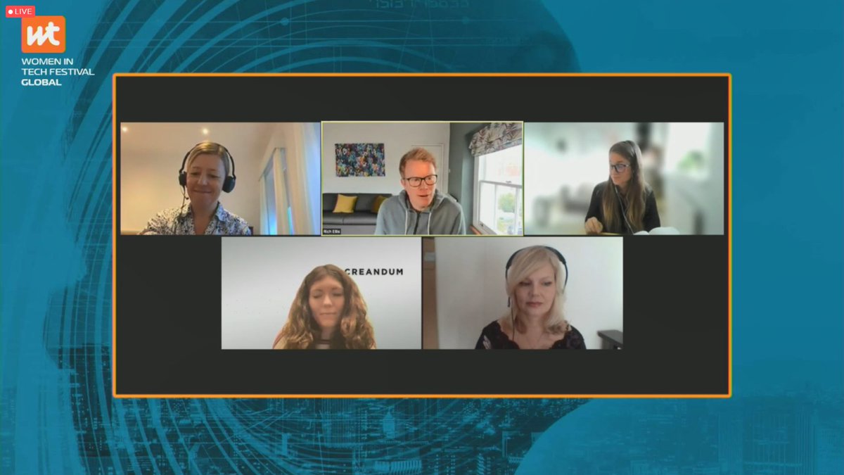 WomeninTechFest's tweet photo. We're live again now on channel 1 with a panel discussion chaired by Gemma Bloeman of @creandum on the steps and tools that can be used to over-come imposter syndrome #womenintechfest #womenintech https://t.co/tX0Yd7PwPq