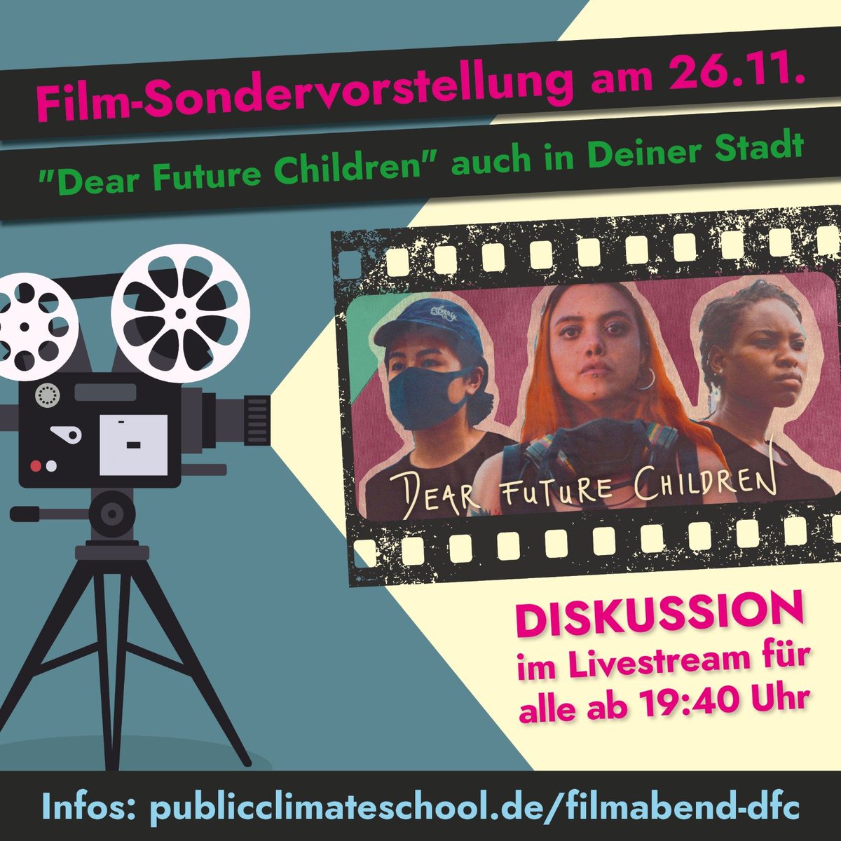 Am 26.11. wird wieder gestreikt, ins Kino gegangen oder sogar beides…

#DearFutureChildren - am Freitag in vielen Städten. Wo genau der Film zu sehen ist, Link zum Livestream der Diskussion und viele andere Infos: 

▶️ publicclimateschool.de/filmabend-dfc/

<a href="/DFCFilm/">Dear Future Children</a> #PublicClimateSchool