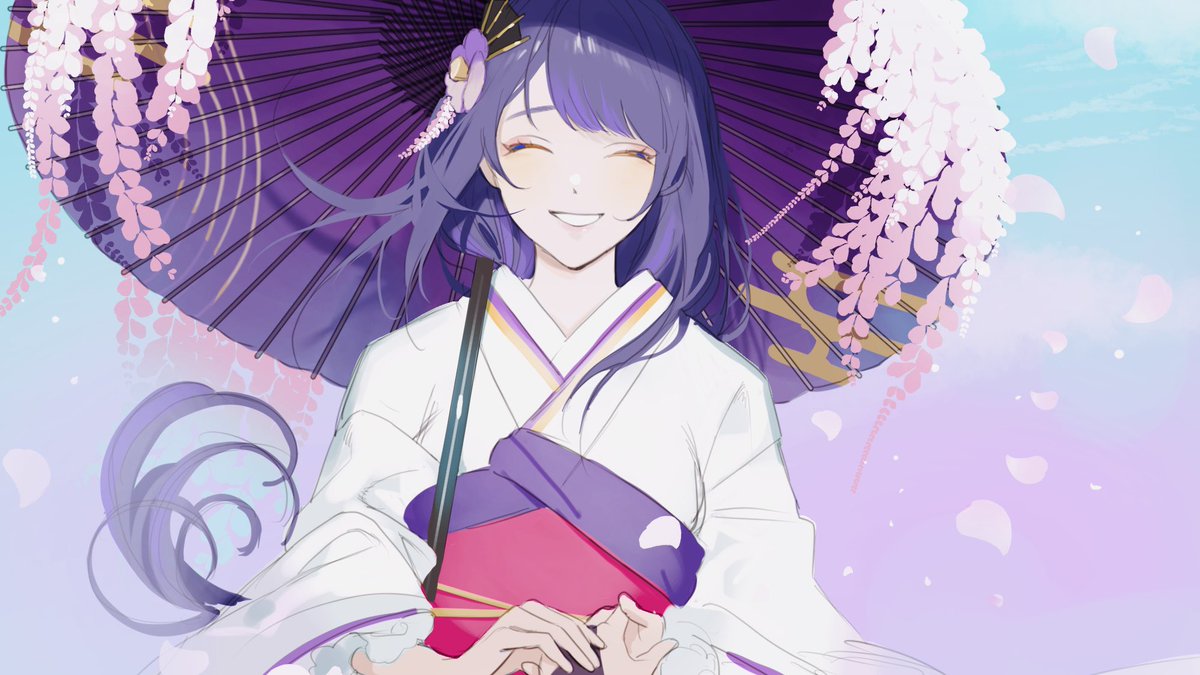 raiden shogun 1girl umbrella kimono japanese clothes closed eyes purple hair solo  illustration images