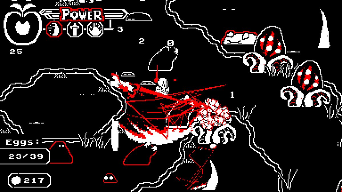 rotokunn77's tweet photo. #APPLESLASH
「APPLE SLASH」ちょうど1時間で一応全クリかな？した
赤と黒を基調にしたドット絵でDownwellのフォロワーゲームかと思ったけど全然関係なかった。
短いけど、シンプルで爽快感のあるゲーム性で楽しかった
出てくるキャラクターとか音楽とか全体的に雰囲気がよかった
でも腱鞘炎なるわ https://t.co/yhuOFC0lAS