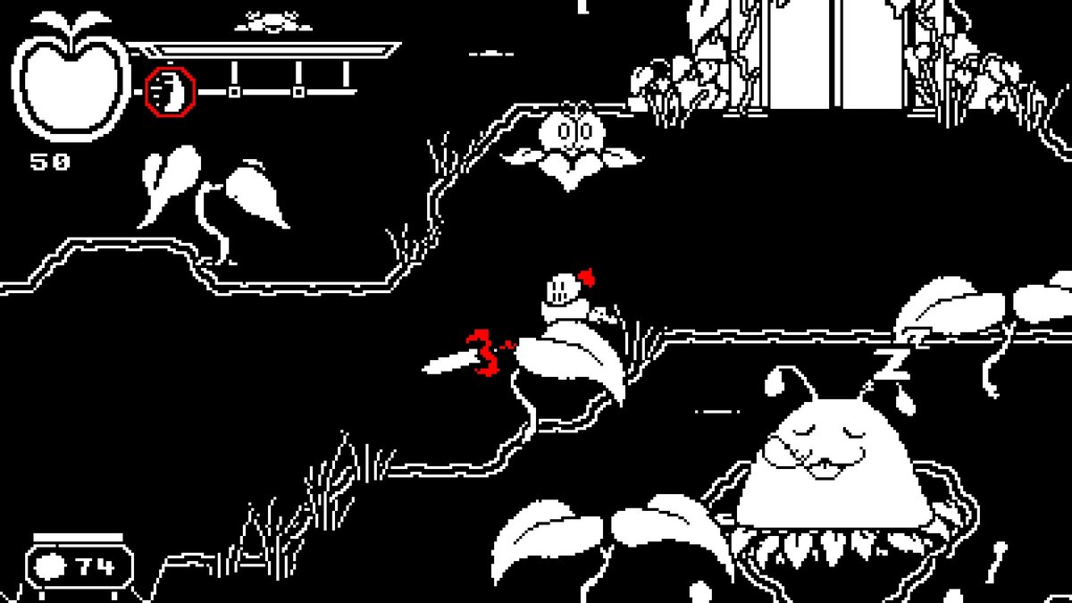 rotokunn77's tweet photo. #APPLESLASH
「APPLE SLASH」ちょうど1時間で一応全クリかな？した
赤と黒を基調にしたドット絵でDownwellのフォロワーゲームかと思ったけど全然関係なかった。
短いけど、シンプルで爽快感のあるゲーム性で楽しかった
出てくるキャラクターとか音楽とか全体的に雰囲気がよかった
でも腱鞘炎なるわ https://t.co/yhuOFC0lAS