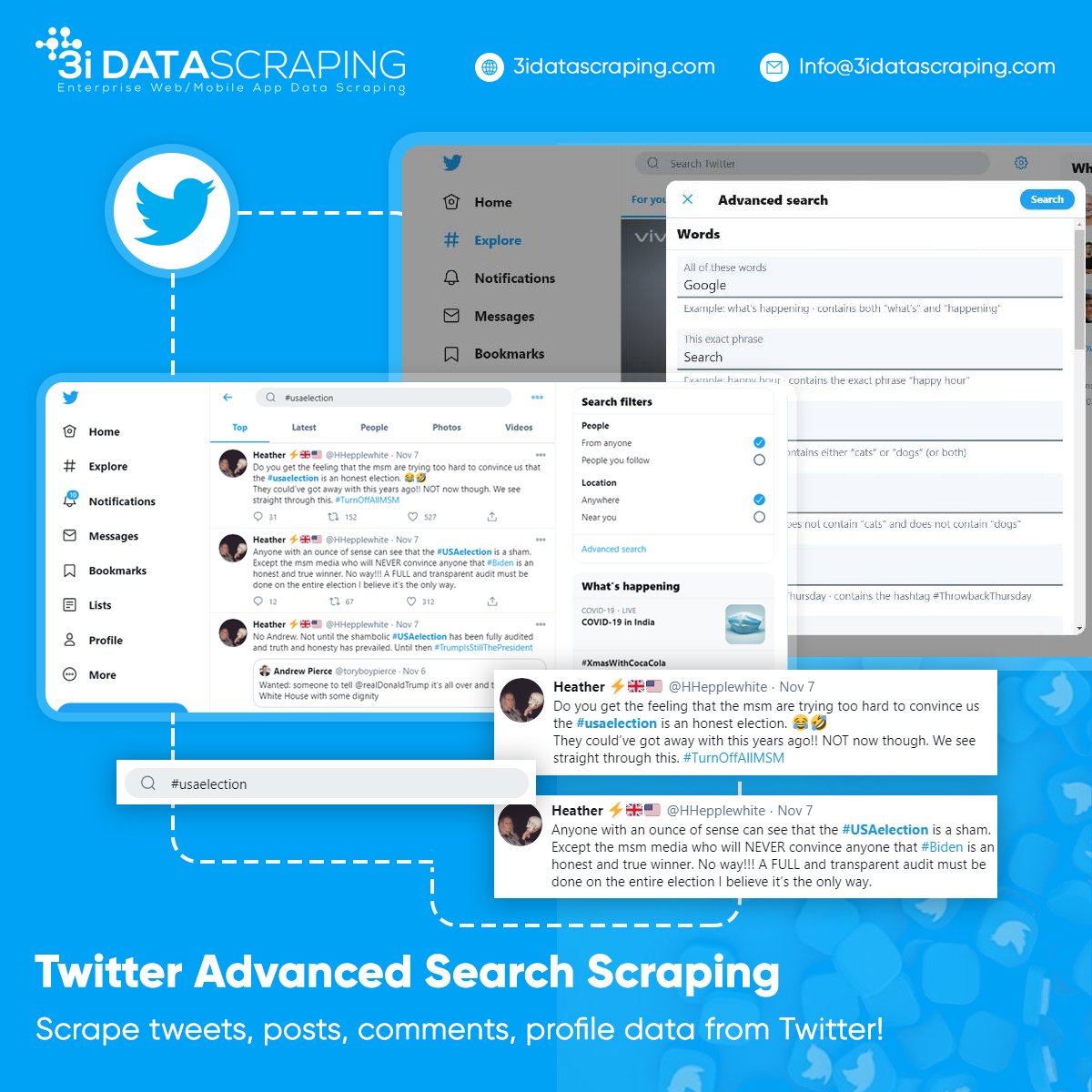 3idata_scraping's tweet image. Twitter scraping lets you extract tweets, posts, comments, profile data from multiple profiles available on Twitter. Data can also be extracted based on current trends, hashtags, profiles, keywords, etc.

3idatascraping.com/scraping-twitt…

#TwitterScraper #webscraper #usa #germany #Canada