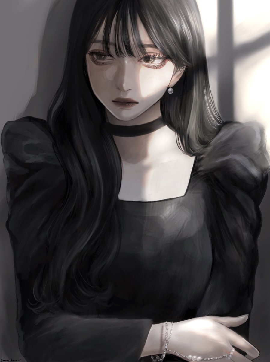1girl solo jewelry black hair long hair choker black choker  illustration images