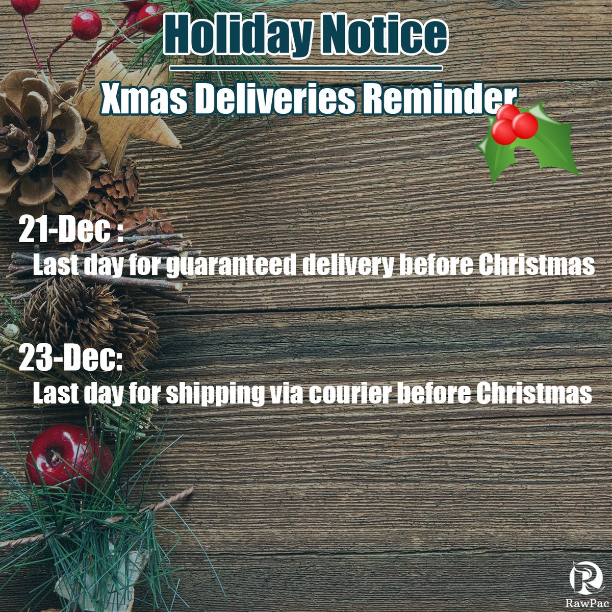 RawPac1's tweet photo. ☀Holiday Notice☀
Xmas Deliveries Reminder👀
• 21st Dec 2021: Last day for guaranteed delivery before Christmas
• 23rd Dec 2021: Last day for shipping via courier before Christmas
.
🔎 https://t.co/eNPC3sVdvl
.
#takeawaycups
#customgreaseproofpaper
#takeawayfoodpackaging https://t.co/omIOf8RF5V