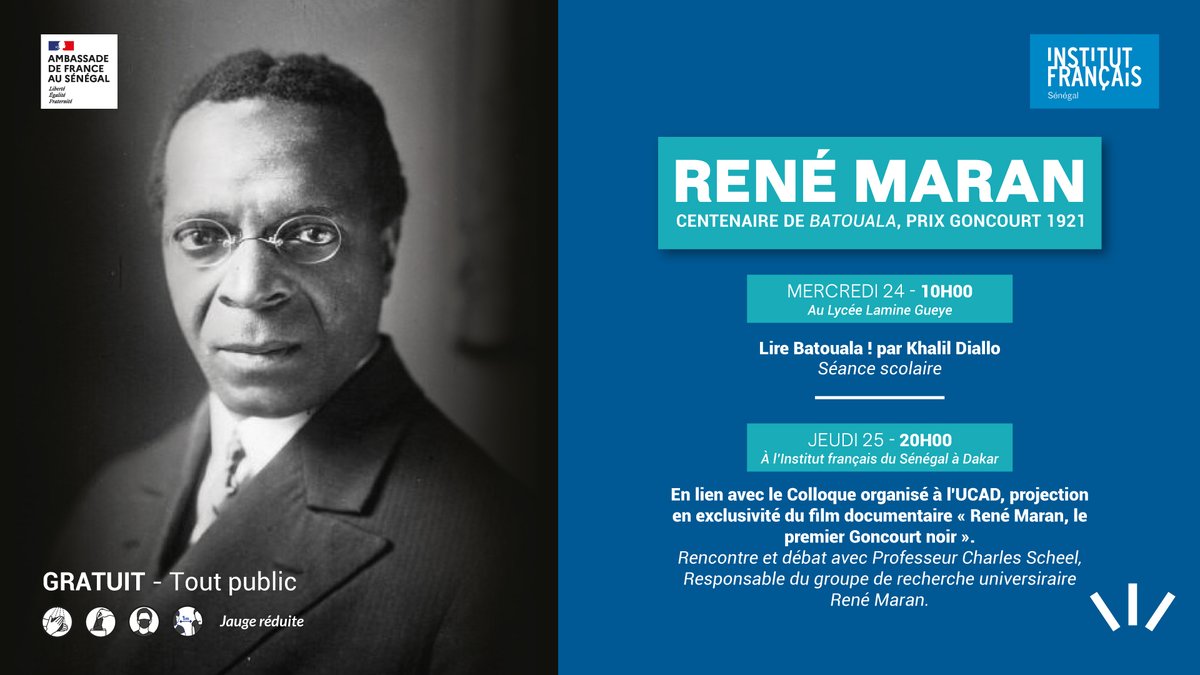 IFSenegal_DK's tweet photo. À l'occasion du centenaire du prix @AcadGoncourt pour le roman #BATOUALA le film documentaire René Maran, 1er #Goncourt noir sera projeté 25-11 à 20h. 1 événement ponctué par 1 débat avec le Pr Charles Scheel, responsable du groupe de recherche universitaire sur l'auteur. https://t.co/m2wqLIylEF