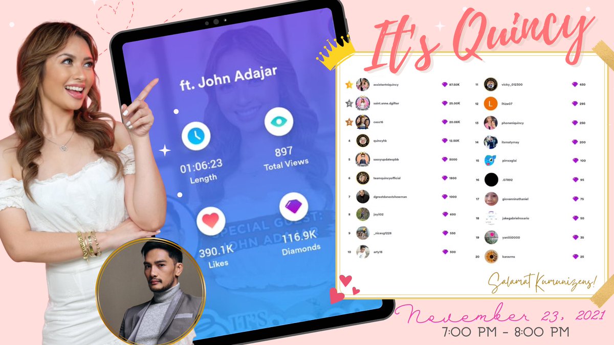 TeamQuincyOFC's tweet photo. Thank you for watching IT'S QUINCY tonight with the PBBS10 ex celebrity hm, Big John💚 Thank you for tapping the hearts, engaging in the comment section and for dropping vgs! 🥰 Have a restful night everyone! See y'all again next LS🤍🤗

#QuincyVillanueva | @quincy_adrienne https://t.co/snevP76xNe