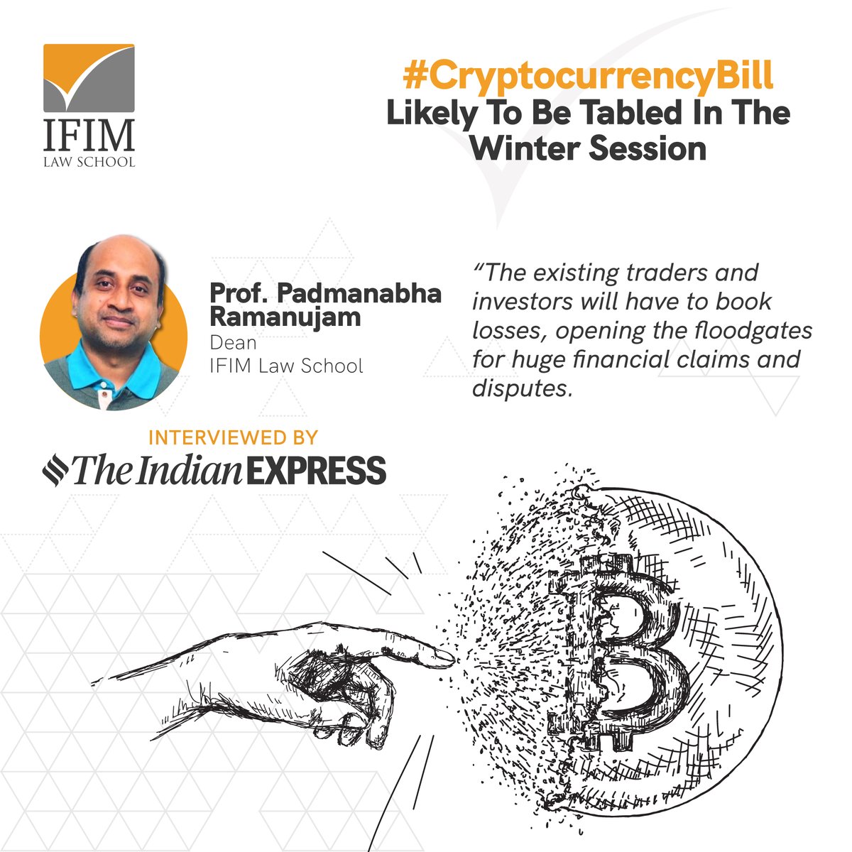 IFIMLawSchool's tweet photo. Amid the ongoing debate to regulate #cryptocurrency in India, Professor Padmanabha Ramanujam, Dean, @IFIMLawSchool, spoke about how the investors will still be able to find buyers where #cryptocurrency is still legal.

https://t.co/5lIulc3vav https://t.co/e81KUp7D38