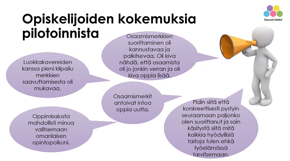 Jarmo Tikkala ja Tiina Vesanen <a href="/Luksia/">Luksia</a>’sta avasivat <a href="/OsuvatTaidot/">OsuvatTaidot - digitaitojen osaamismerkistö</a> pilottikokemuksia. Opiskelijapalautteissa nousi esiin mm. pelillisyys, oman osaamisen ymmärtäminen, työelämäyhteyden ymmärrys #osaamismerkit #OsuvatTaidot #digitaidot #perustaidot #ESRtaito