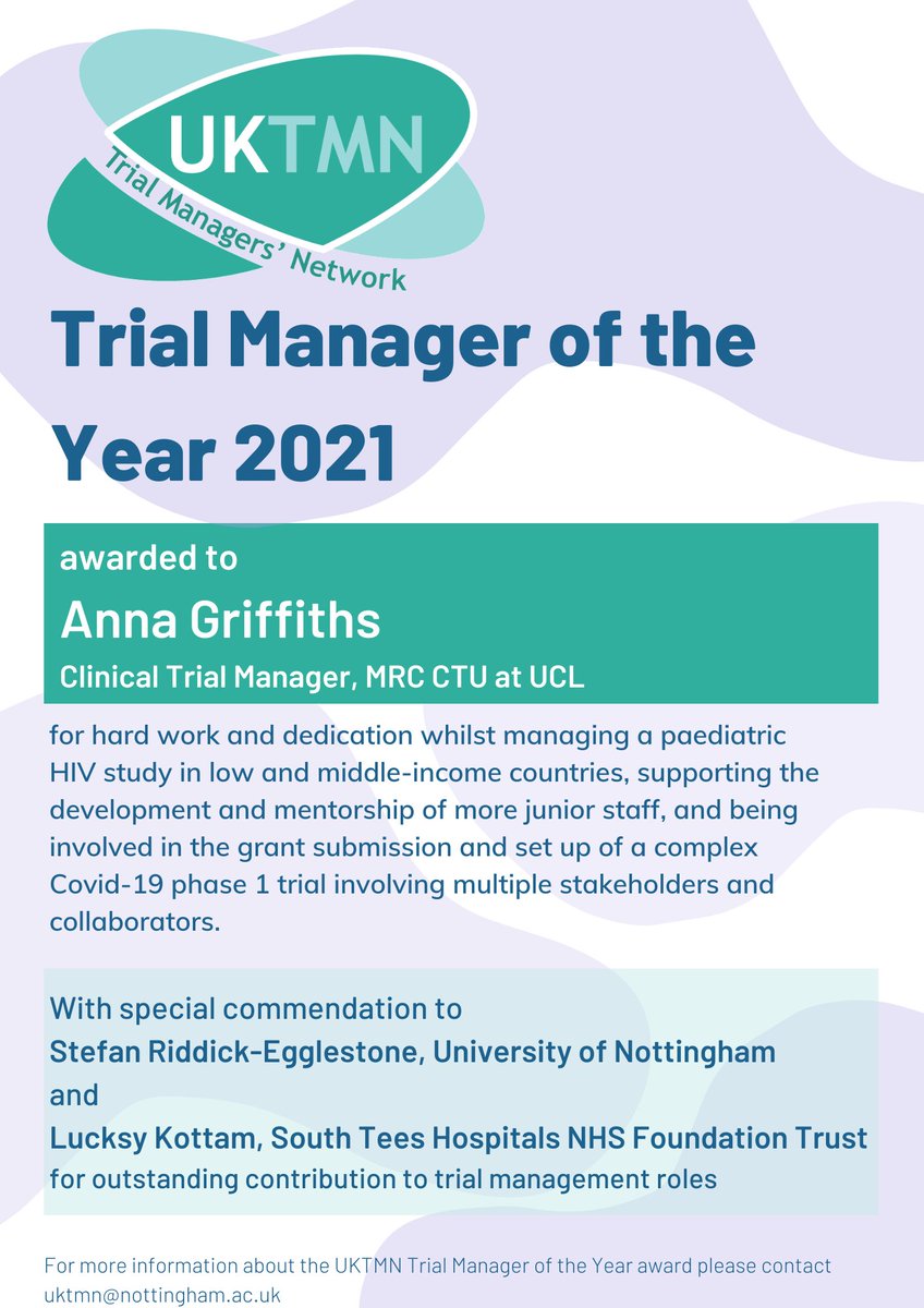 UKTMN's tweet image. A HUGE congratulations to... ANNA GRIFFITHS from @MRCCTU for winning the #UKTMN Trial Manager of the Year 2021! 🎉👏

The #TMOTY award was set up to promote recognition on the vital role #trialmanagers play in the delivery of trials in the UK, and Anna is a very deserving winner!