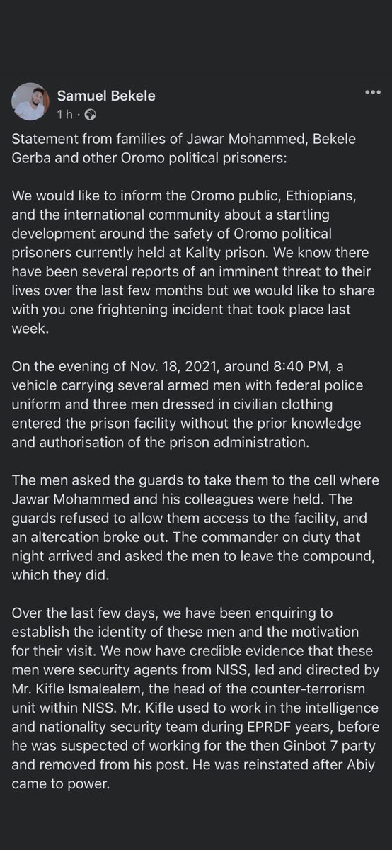 OromoLegalTeam's tweet photo. Statement from families of Oromo political prisoners.They’re deeply worried for the prisoners safety after armed men in federal police uniform forced their way in to the prison where @Jawar_Mohammed &amp; Bekele Gerba are held. @hrw @amnesty @SecBlinken @CNN @BBCWorld @SamanthaJPower https://t.co/8rfpeKBhOg