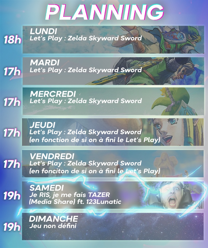 Shiirima's tweet photo. Planning de la semaine !! 
LUNDI - VENDREDI :
Beaucoup de zelda on fini (peu être) le Let's Play cette semaine ! 
SAMEDI : 
JE RIS, JE ME FAIS TAZER ! ft. @Passage004
(J'espère vous y voir nombreux ça va être drôle) 
DIMANCHE : 
Soirée chill improvisé ! 
♥ bisu https://t.co/SUJB6UiTlL