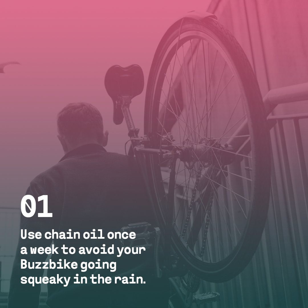 Keep your Buzzbike fresh using chain oil regularly. Our favourite is <a href="/mucoff/">Yoga Guritno</a>. Chain oil not only stops your bike from squeaking in the rain, but helps for a smoother and faster ride too.