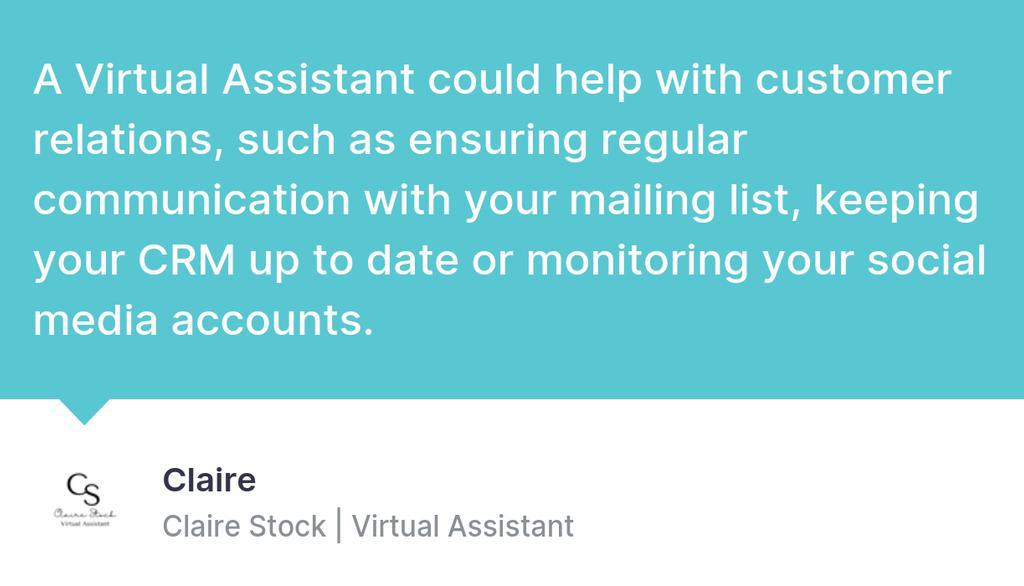 clairestock_va's tweet photo. How a Virtual Assistant can improve your customer relations: https://t.co/4jIeDENHey
#MakeThingsEasier #Delegate #VirtualAssistant https://t.co/fEe4iQCRg7
