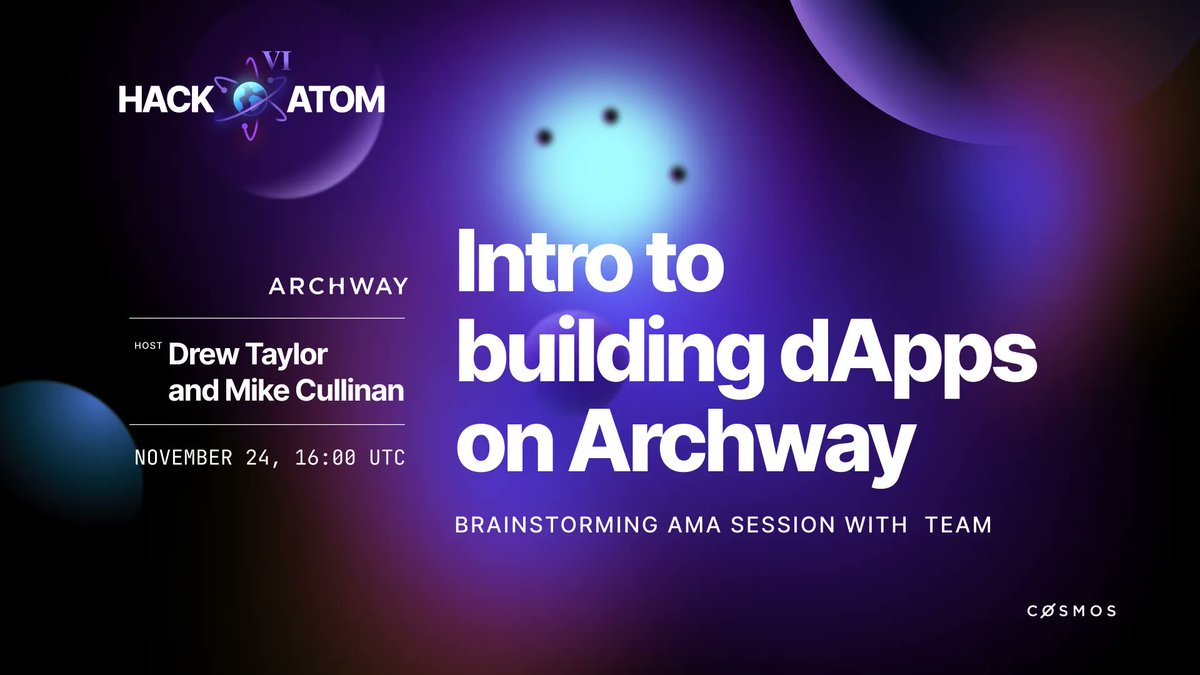 archwayHQ's tweet image. We&apos;re hosting a #HackAtomVI workshop this Wed

⛩️Intro to Building dApps on Archway
🕘Wed, Nov 24, 4:00pm UTC

We’ll walk you through the basics of how to spin up your own dApp using example frontends + starter code templates in our developer CLI.

➡️buff.ly/3kZohqh