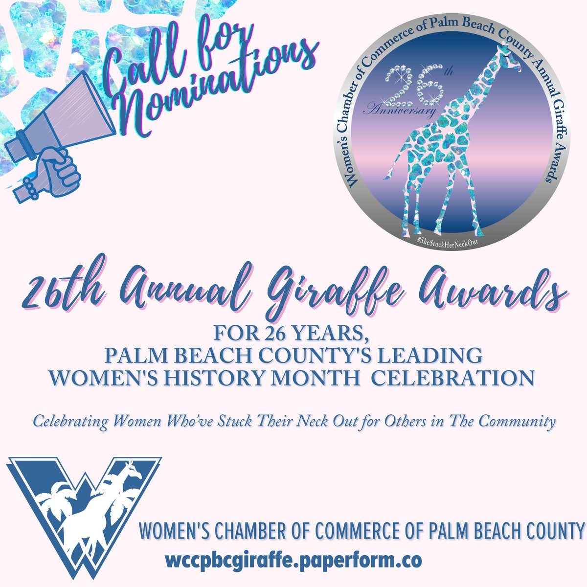 NOMINATIONS ARE OPEN | ⁣
26𝒕𝒉 𝑨𝒏𝒏𝒖𝒂𝒍 𝑮𝒊𝒓𝒂𝒇𝒇𝒆 𝑨𝒘𝒂𝒓𝒅𝒔 🦒♀⁣
Now's the time to nominate a woman you know who sticks her neck out for others in the community. wccpbcgiraffe.paperform.co
She must live or work in PBC🌴🦒
#shestuckherneckout