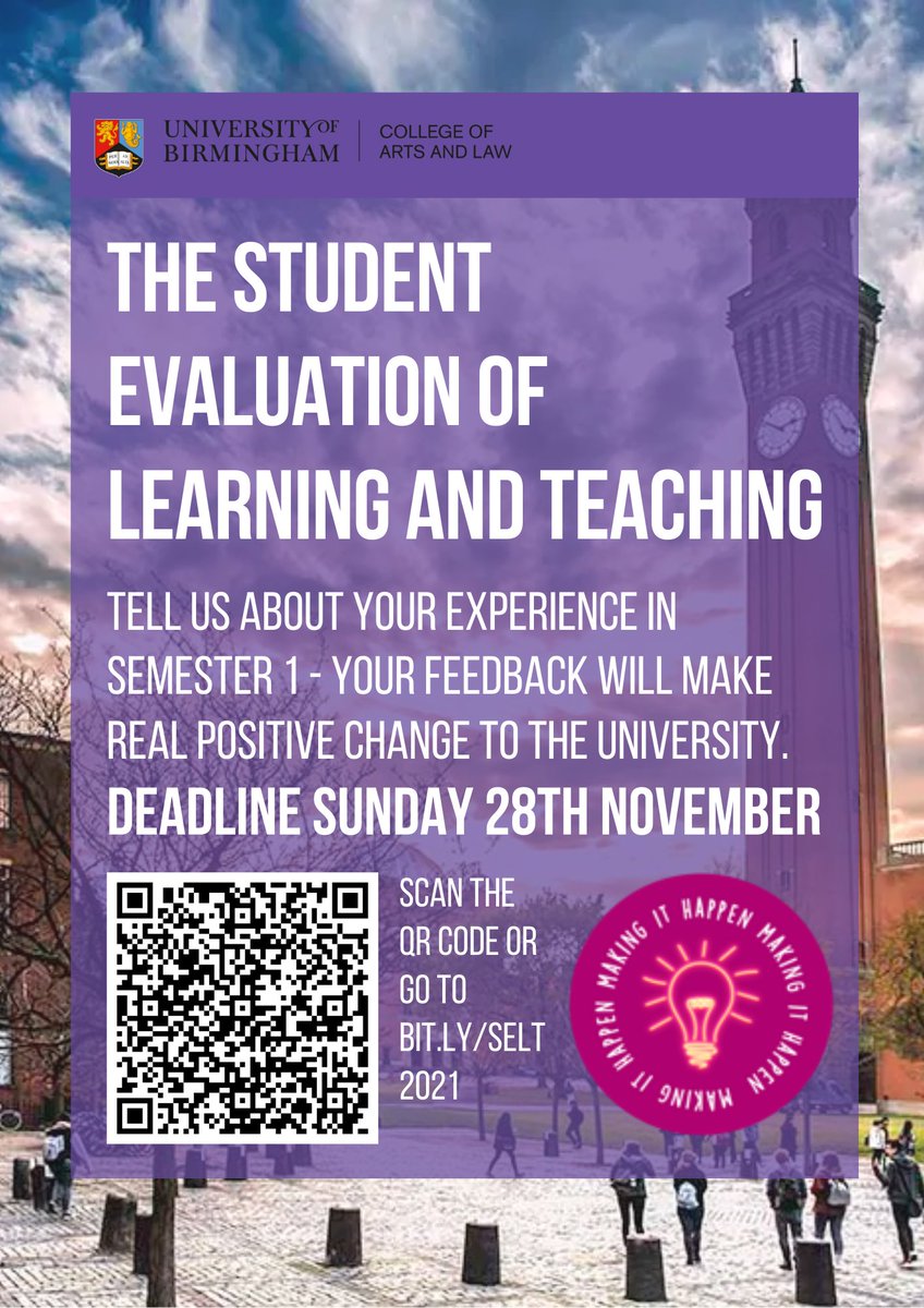 Complete the Student Evaluation of Learning and Teaching (SELT) before 28th Nov. 
Tell us about your experience of teaching and learning in semester 1. Your feedback will make real positive change to the University and your experience.
Feedback at🔗BIT.LY/SELT2021