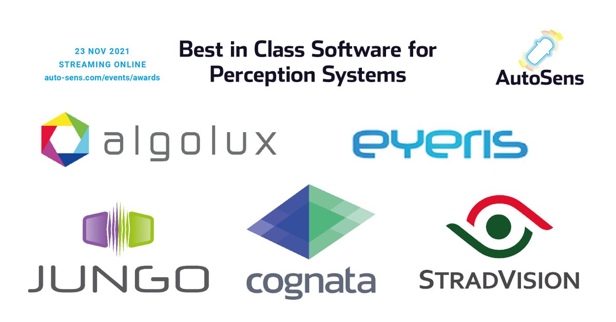Shortlisted companies for "Best in Class Software for Perception Systems" Award include <a href="/Algolux/">Algolux</a> @stradvision <a href="/EyerisAI/">Eyeris</a> <a href="/JungoConnect/">Jungo</a> @cognataAI Join for FREE at 7pm (GMT) to connect with the shortlisted companies and see who is crowned as the winner hubs.ly/H0_FVq10