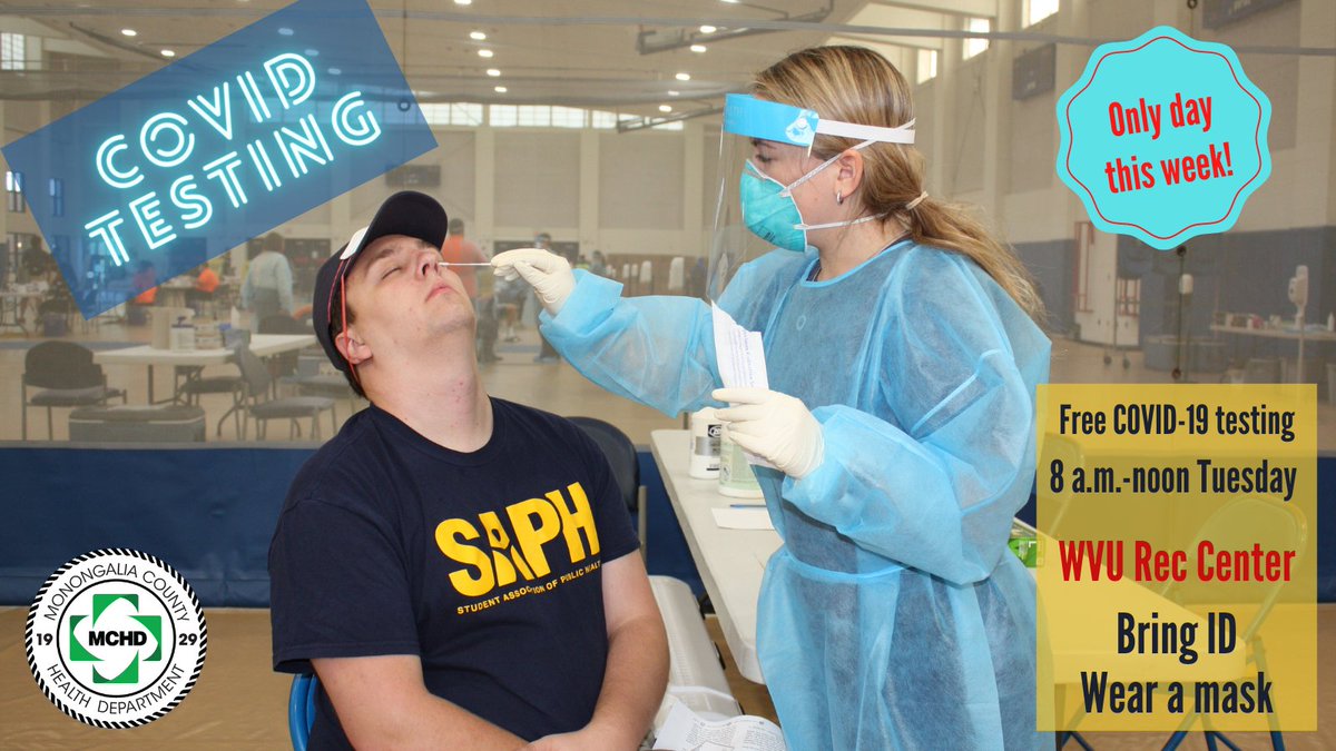 Monongalia County Health Department is at the WVU Rec Center until noon today conducting COVID-19 testing. This is the last chance to get tested through us before Thanksgiving. No vaccine clinics this week. Bring ID and wear a mask.
#wvmchd #covid19