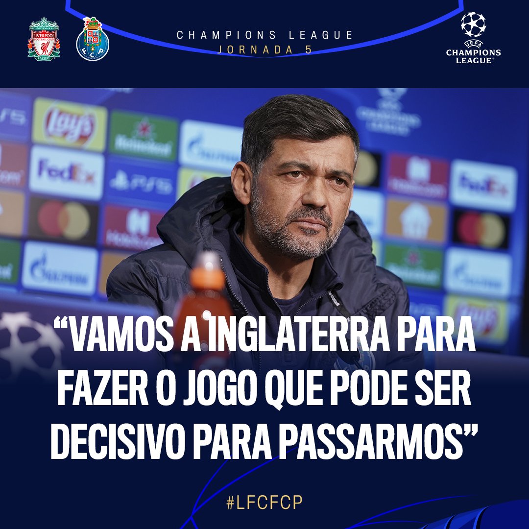 FCPorto's tweet photo. 🎙 Sérgio Conceição: “Vamos a Inglaterra para fazer o jogo que pode ser decisivo para passarmos”
🎙 Grujic: “Queremos pontos para passar o grupo”
#FCPorto #UCL #FCPLFC https://t.co/VF7yOUpsSQ