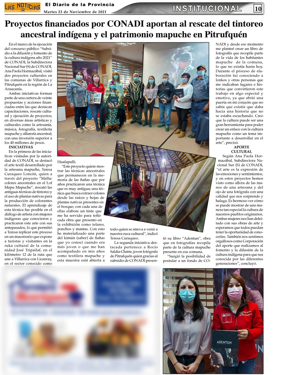 📰[PRENSA] El diario Las Noticias de #Victoria destaca destaca que proyectos financiados por CONADI aportan al rescate del tintoreo ancestral indígena y patrimonio mapuche en Pitrufquén #ChileSeRecupera 🇨🇱