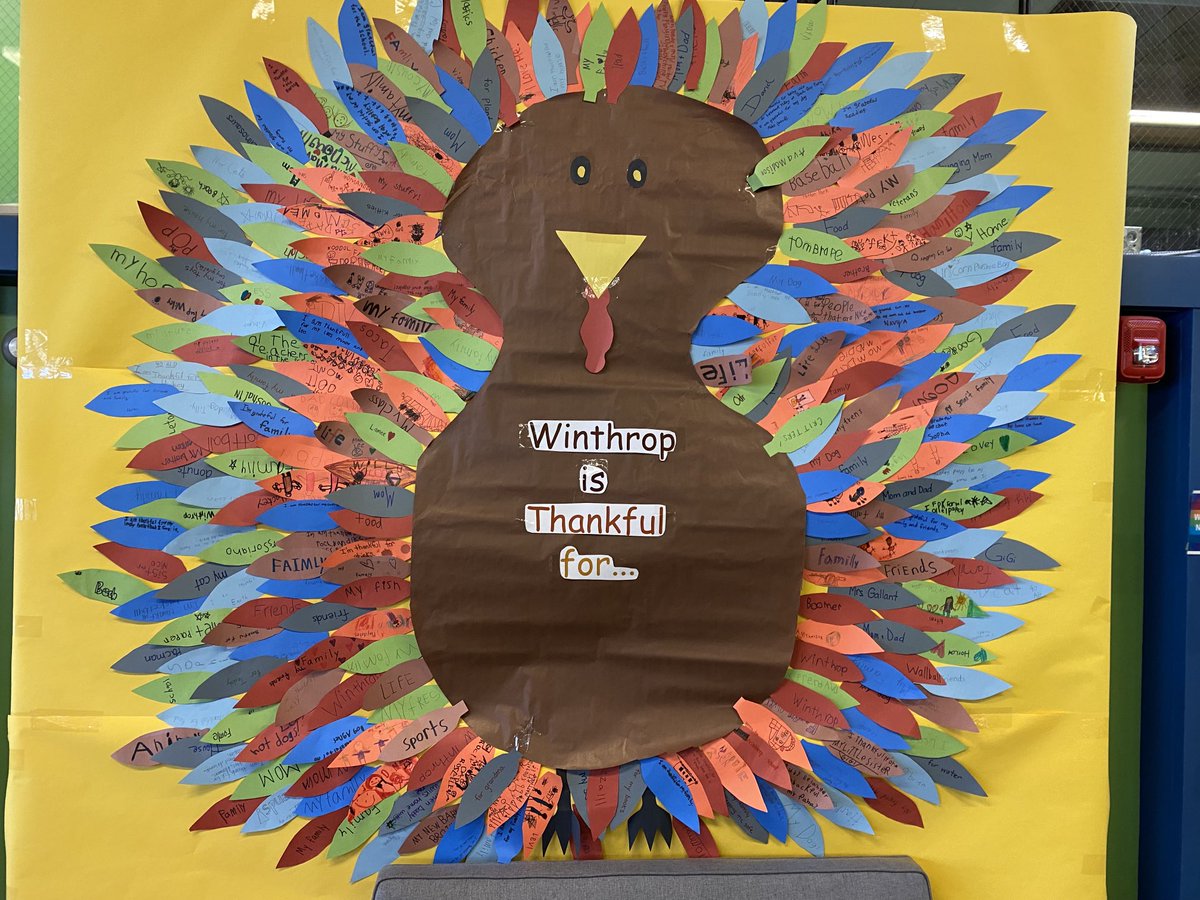 Student agency on display at Winthrop. The Winthrop is Thankful For… turkey idea was initiated by a third grader. Then the feathers were graphed as part of the 3rd Grade math data unit. ⁦<a href="/WinthropEagle/">WinthropSchool</a>⁩ ⁦<a href="/hw_schools/">Hamilton-Wenham Regional School District</a>⁩ #student-agency #thankful