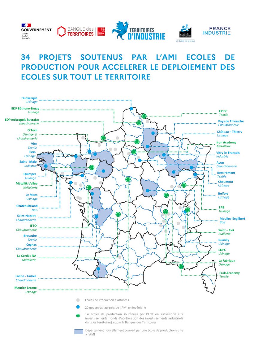 Relocaliser c'est aussi former les talents industriels de demain.
Nous passons avec <a href="/j_gourault/">Jacqueline Gourault</a> et <a href="/Elisabeth_Borne/">Élisabeth BORNE</a> à la vitesse supérieure avec 34 nouvelles écoles de production soutenues par #FranceRelance.
C'est un formidable modèle d'engagement et d'insertion à développer !