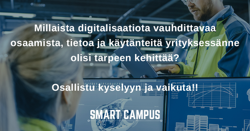 SmartCampusFI's tweet photo. #Digitalisaatio luo huimia mahdollisuuksia yrityksissä. Osallistu kyselyymme ja auta kahdeksan yliopiston #smartcampus #TKI verkostoa kehittämään uusia #palvelu’ja, joiden keskiössä ovat #tutkimus, #yhteiskehittäminen, #innovaatiot ja #työelämäläheinen #korkeakoulutus!