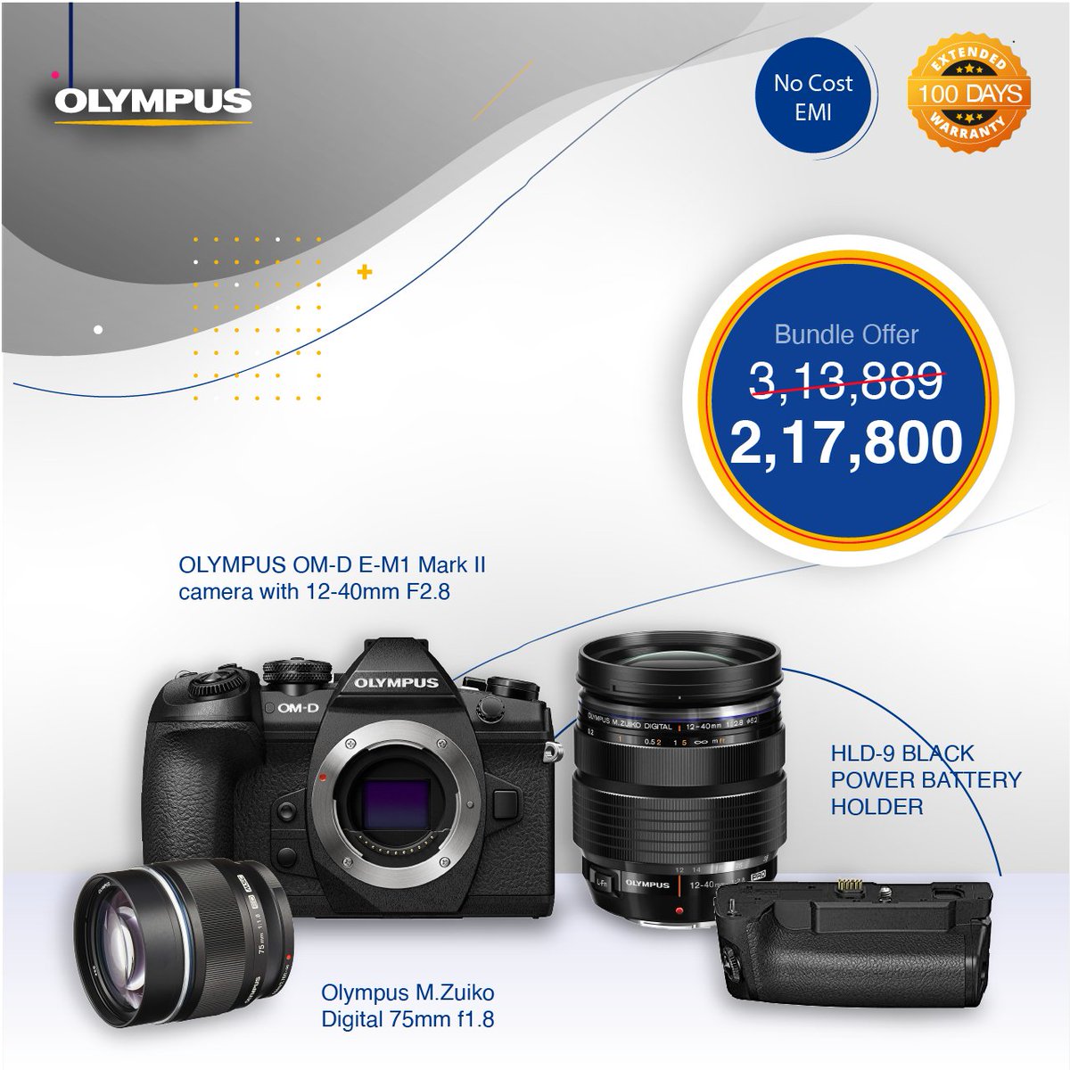 OlympusProIndia's tweet photo. Buy yourself amazing Olympus E-M1 MarkII Camera with 12-40mm lens along with 75mm lens &amp;  HLD-99 Black Power Battery Holder.  

You can also get extra 100 days extended warranty after registering your equipment on  https://t.co/yBkHS5mv8n for all the Camera &amp; lenses. https://t.co/KFwXhENp4c