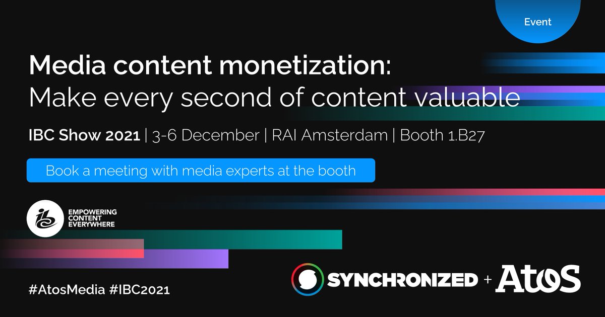 Atos's tweet photo. [@IBCShow] Atos and @Synchronized_TV will be presenting a demo on #InVideoIntelligence and how to use #AI/#ML to empower your content at this year's #IBC2021. Meet us at B27, Hall 1 and talk about how to make every second of content valuable 👉 https://t.co/aTvGV1wEFA https://t.co/ReWFaeV30C