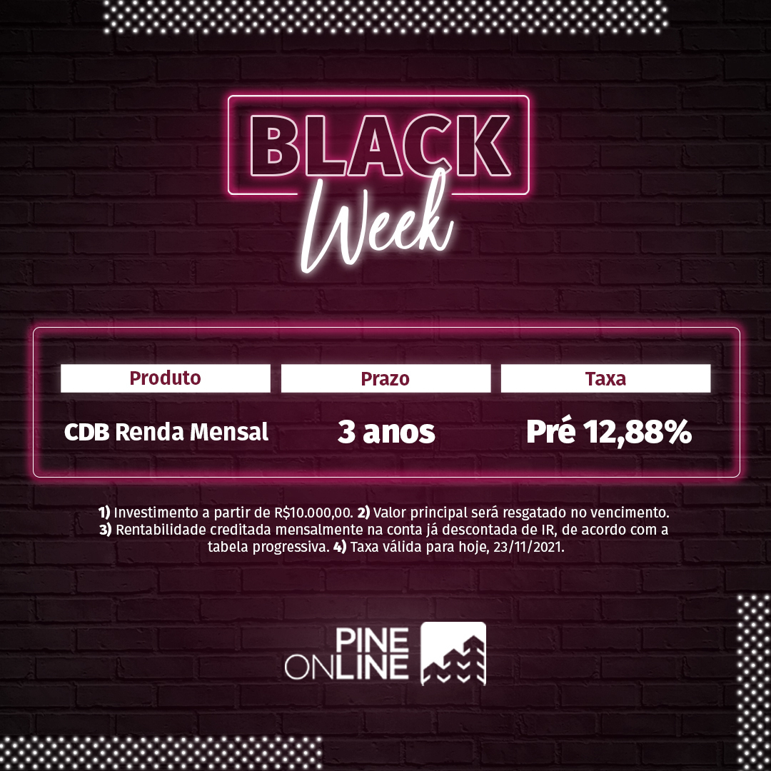 PineOnline_'s tweet photo. Chegou a Black Week do Pine Online!

Nesta semana de condições especiais, invista em nosso CDB Renda Mensal e conte com a rentabilidade todos os meses na sua conta. Se você ainda não tem conta conosco, baixe o app, faça agora seu cadastro e aproveite.

https://t.co/ifaHTKah2T https://t.co/rLlTMAoiwE