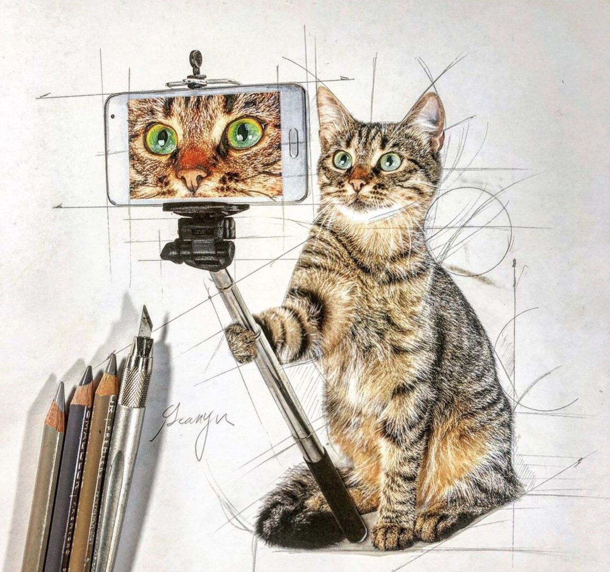 Guan Drawing A Cat Selfie Drawing 色鉛筆イラスト Sketch Pencil 그림 絵 Copic 手繪 Colorpencil イラスト 色鉛筆 色鉛筆画 猫