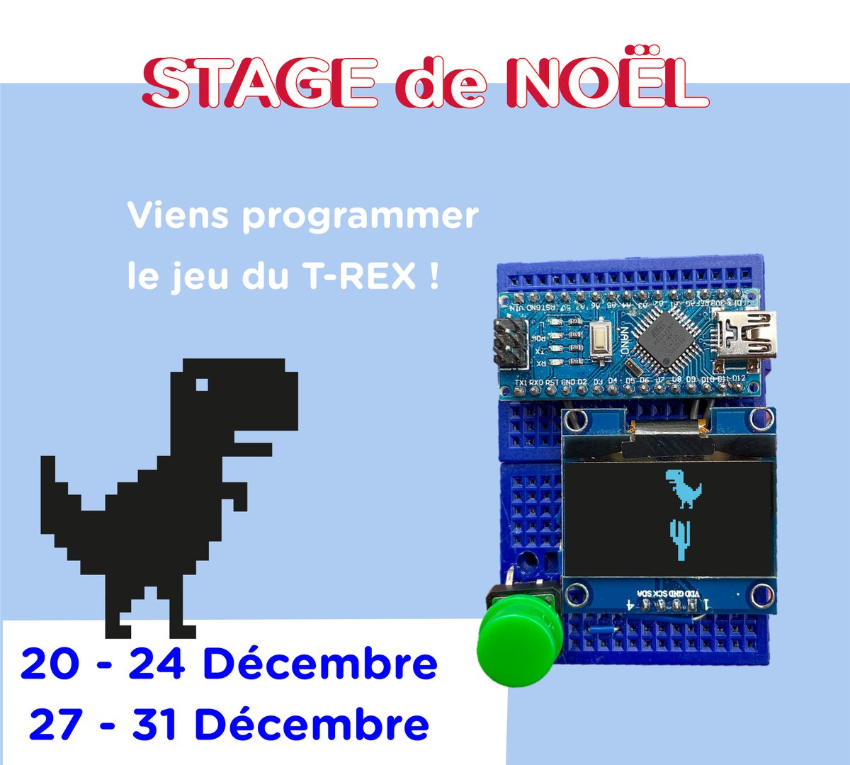 CodeCodeCodec's tweet image. Les inscriptions aux stages des vacances de Noël sont ouvertes ! 

Viens programmer et fabriquer ton propre jeu T-Rex Game🦖 chez Code Code Codec 🐣🎮!

Inscris toi ici : codecodecodec.com/stages-vacance…