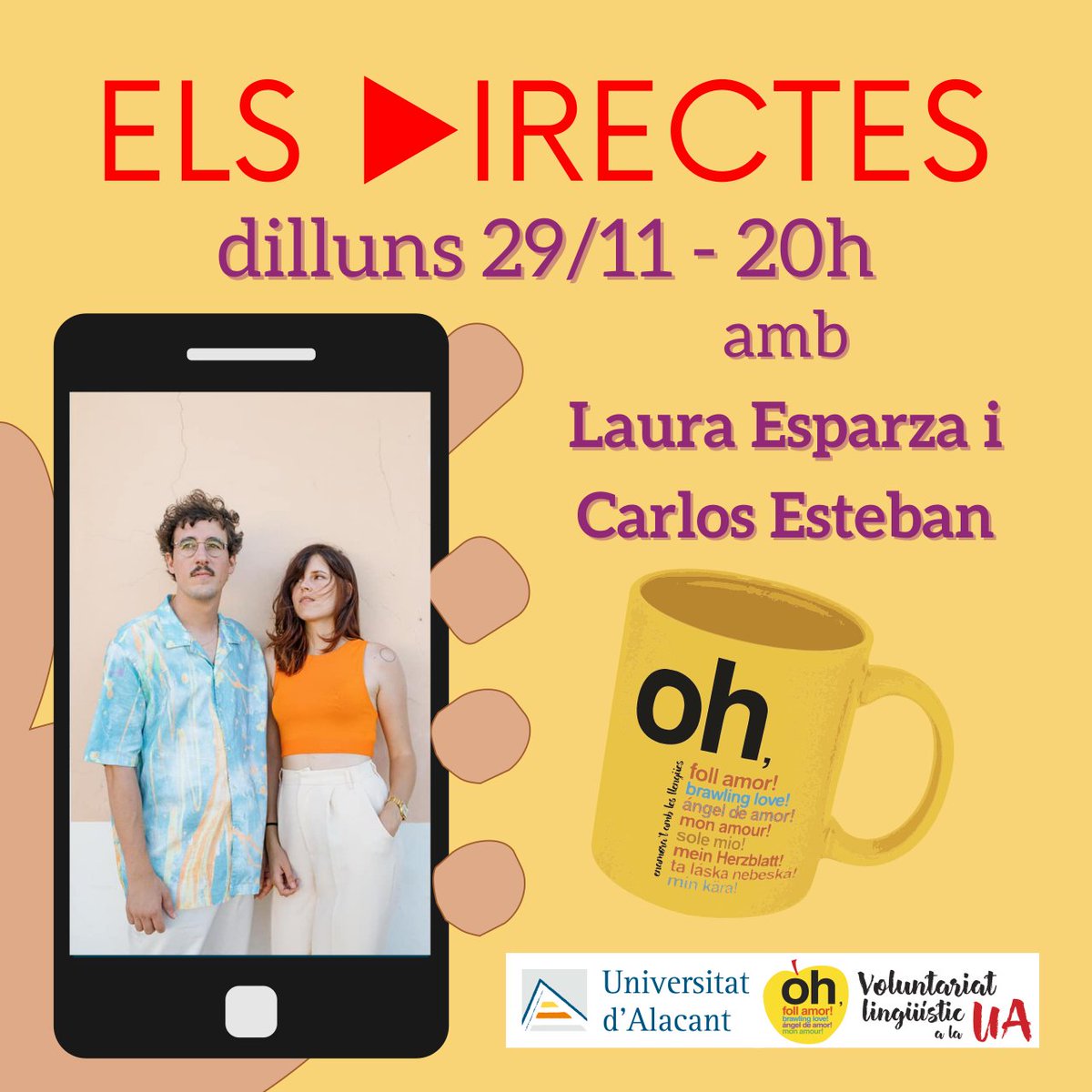 LlenguesUA's tweet photo. ☕️ Arriba una nova edició d'#ElsDirectes del #VoluntariatLingüísticUA!
🍊 Ens acostarem a la música del duet format per Laura Esparza i Carlos Esteban (@lauraespcarlos), que resignifiquen la cançó popular amb l'electrònica.
🕗 Dilluns que ve a les 20h a @llenguesua en IG. https://t.co/9bxUu8Rgs0