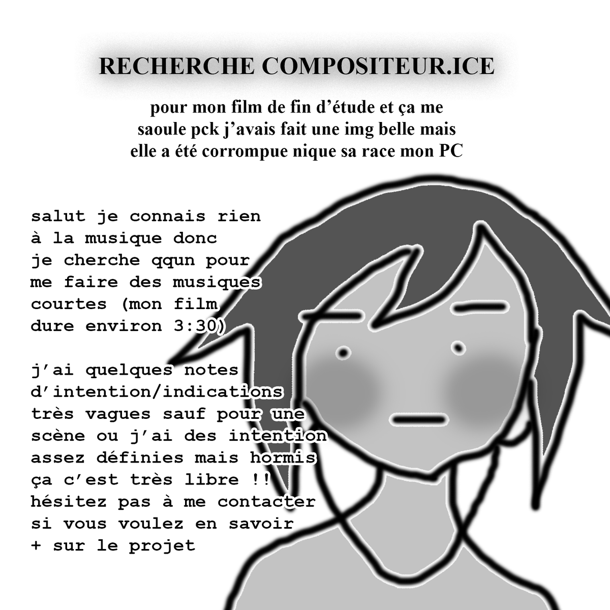 twulvip's tweet photo. 🔁RT SVP🔁
RECHERCHE DOUBLEUR-EUSE ET COMPOSITEUR-ICE pour mon film de fin d'études !! si vous êtes intéressé-es hésitez pas à me DM et je vous donnerai + de détail sur le projet (dont les scènes, les quelques dialogues) https://t.co/OK3NmvryJo