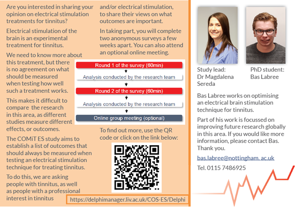 BasLabree's tweet photo. Do you have experience in electrical brain stimulation treatments for tinnitus? We at @hearingnihr @UoNHearSci are developing a Core Domain Set to supplement the @COMITIDStudy https://t.co/Z6k1Xdu8qI 

Can you help? Go to https://t.co/FmrIMXg9Zz #audpeeps https://t.co/lSWCPCFncn