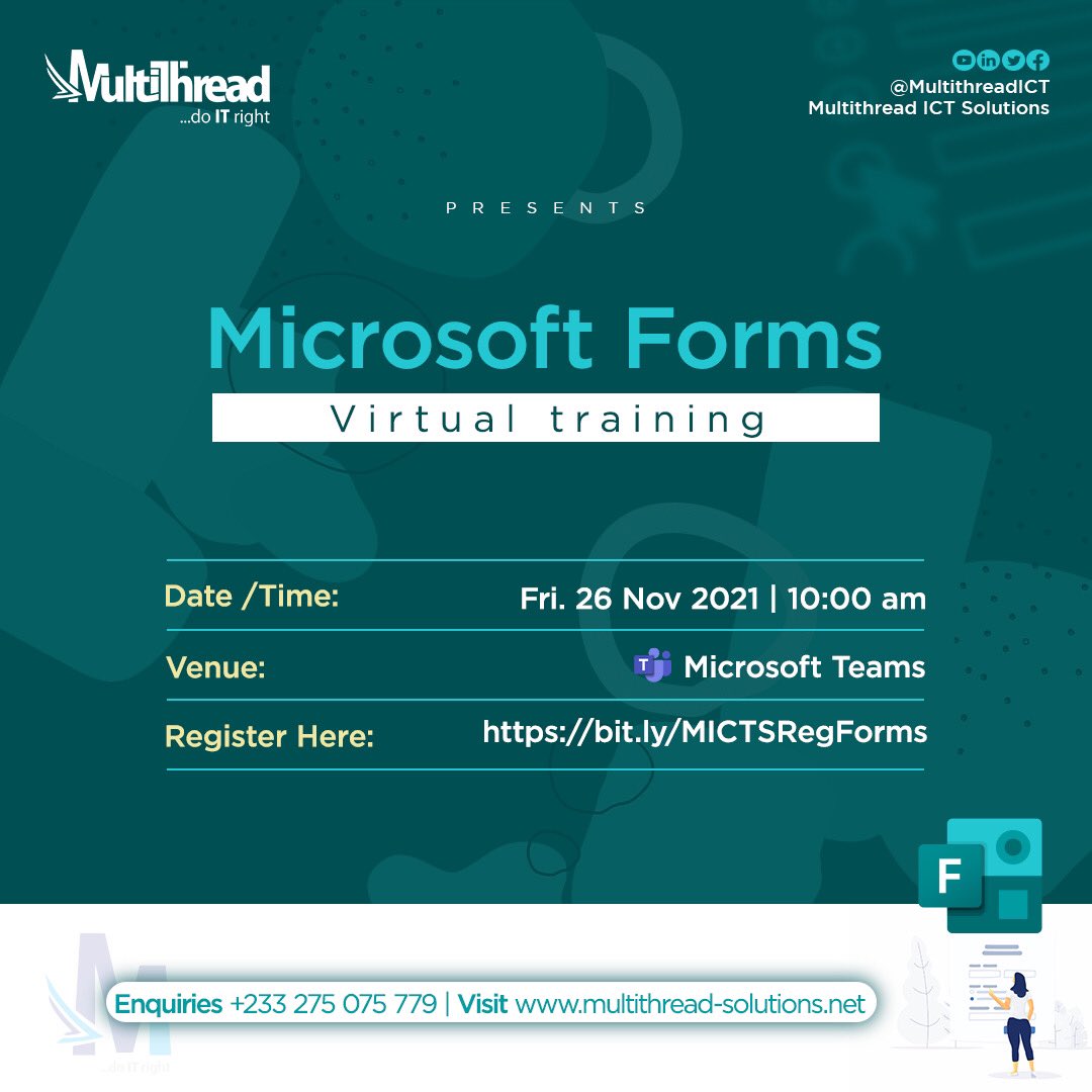 MultiThreadICT's tweet photo. #TechyFriday is here again!!!
This friday Nov. 26 at 10 am prompt we will be coming your way with Microsoft Forms virtual training on Microsoft Teams and Facebook live.
Register and join us on: https://t.co/1RhEes5RU2
#microsoft #vrtualtraining #microsoftforms #m365 https://t.co/K0Vos5tZ48