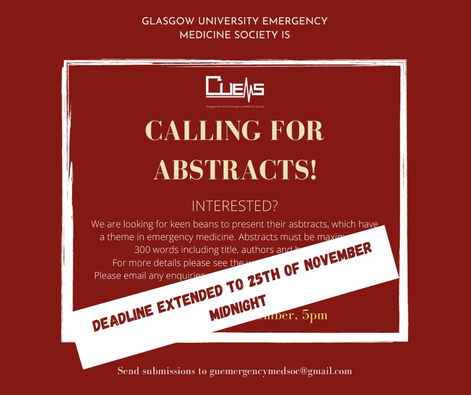 GUEmergencySoc's tweet photo. Hi guys!
We are extending the abstract deadline to THIS Thursday @ midnight so send over your EM abstracts if you haven't already! 
Abstract criteria is as follows: https://t.co/kOeppARzQH

See you guys soon!
#MedTwitter https://t.co/ixxo1DpxTw