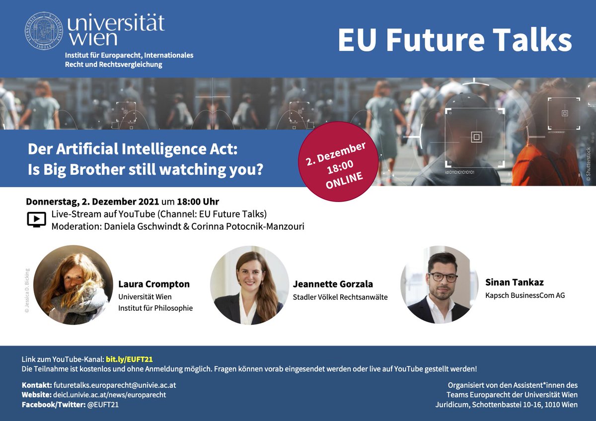 EUFTunivie's tweet photo. Der nächste EU Future Talk am 2.12. behandelt den von der @EU_Commission vorgeschlagenen #AI Act zur Regulierung künstlicher Intelligenz. Live auf YouTube, kostenlos und ohne Anmeldung!
Nähere Infos auf FB: https://t.co/lT08l5afrp
Link zum Stream: https://t.co/VcLgMfPDOP https://t.co/ZfjLMAPC88